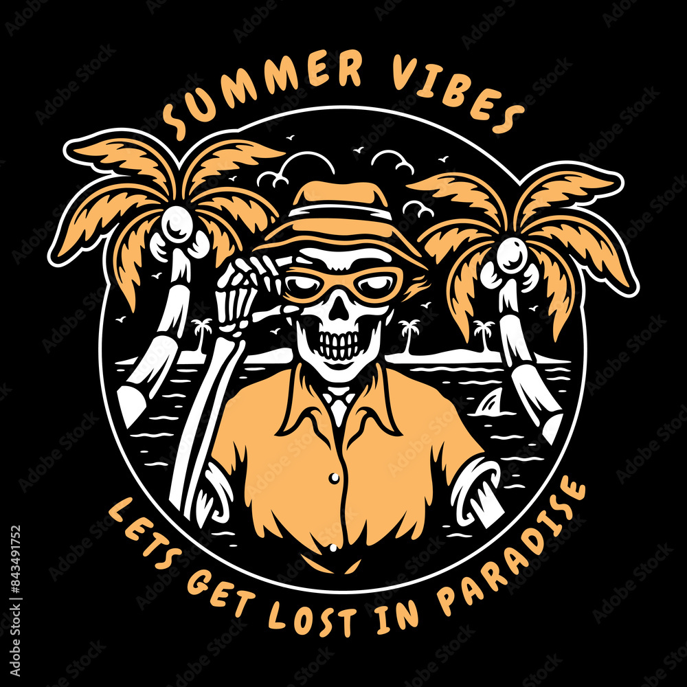 Obraz premium vector illustration of a skull on holiday at the beach