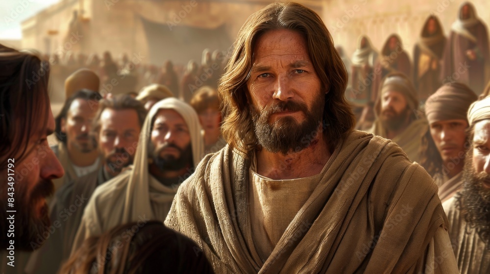A cinematic portrayal of Jesus preaching to a crowd, exhibiting a warm, historical scene with a focus on the central figure. A cinematic portrayal of Jesus preaching to a crowd, exhibiting a warm, historical scene with a focus on the central figure.