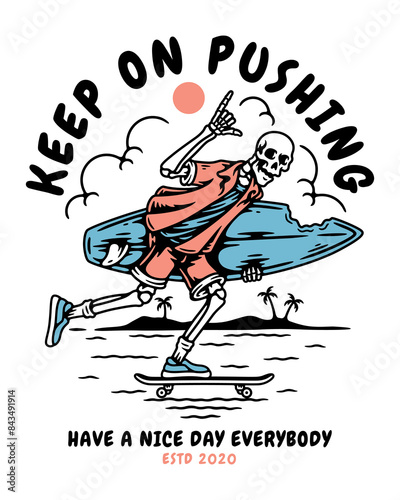 vector illustration of a skull riding a skateboard and carrying a surfboard