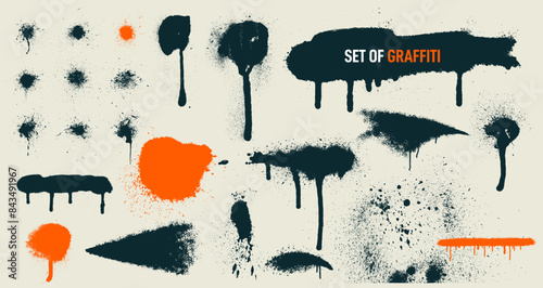 Big set of blots. Spots of paint on a white background. Grunge frame of paint. Graffiti spray banner. Vector spray paint shapes with smudges. Vector illustration.