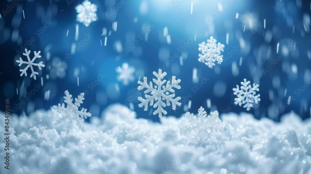 Close-up view of snowflakes falling on a snowy surface with a blurred blue background, giving a magical winter atmosphere. Close-up view of snowflakes falling on a snowy surface with a blurred blue background, giving a magical winter atmosphere.