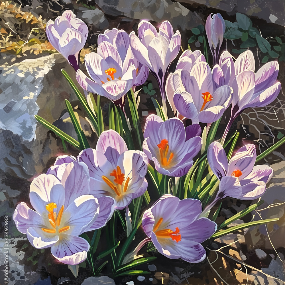 Naklejka premium In a delicate dance of springtime hues, pink and white crocus flowers emerge from the earth like ethereal brushstrokes on nature's canvas.