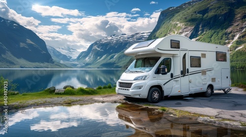 A camper van parked by a tranquil lake with mountains in the background and reflection in the water.