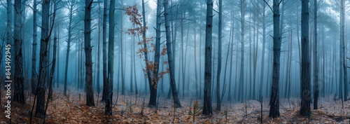 A dense pine forest in the fog.