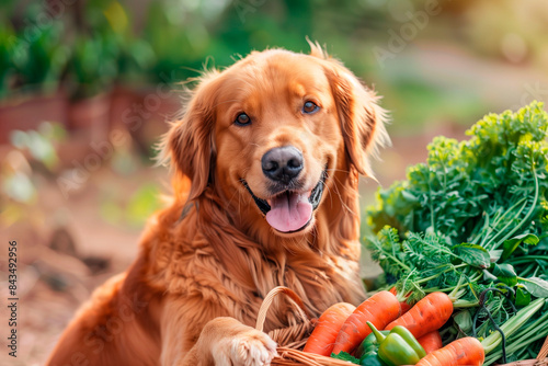 Happy golden retriever dog with vegetables in basket