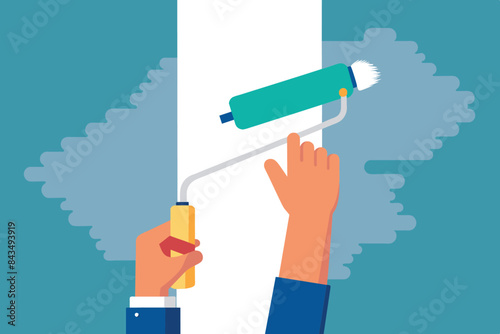 A painter who is busy painting a wall. He is holding a paint brush in his hand, applying paint to the surface,topic repair or improvement,