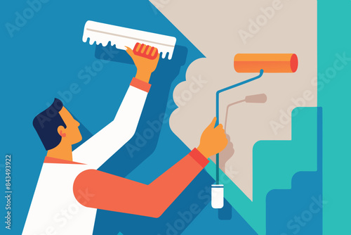 A painter who is busy painting a wall. He is holding a paint brush in his hand, applying paint to the surface,topic repair or improvement,