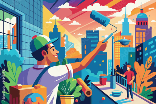 A painter who is busy painting a wall. He is holding a paint brush in his hand, applying paint to the surface,topic repair or improvement,