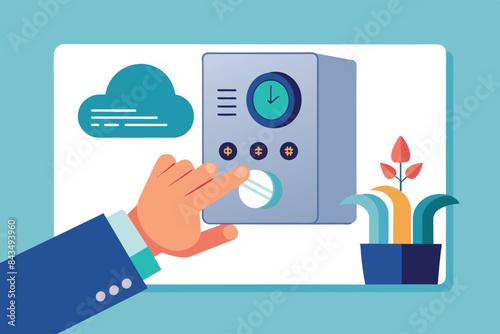 smart home concept. It depicts a hand that controls various aspects of the house from a remote control such as lighting, temperature and security system.