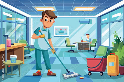 a janitor in special clothing holding a mop and mopping the floor. Next to this person is a cart with cleaning supplies.