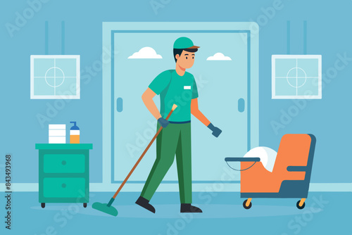 a janitor in special clothing holding a mop and mopping the floor. Next to this person is a cart with cleaning supplies.