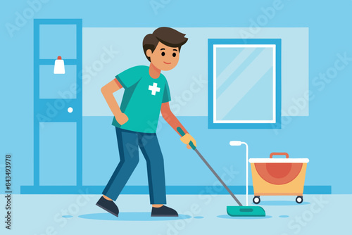a janitor in special clothing holding a mop and mopping the floor. Next to this person is a cart with cleaning supplies.