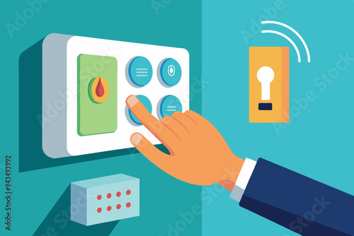 smart home concept. It depicts a hand that controls various aspects of the house from a remote control such as lighting, temperature and security system.