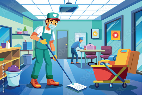 a janitor in special clothing holding a mop and mopping the floor. Next to this person is a cart with cleaning supplies.