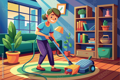 housewife cleaning the house with a smile, vacuuming the floor of the room.