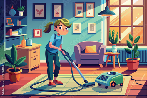 housewife cleaning the house with a smile, vacuuming the floor of the room.