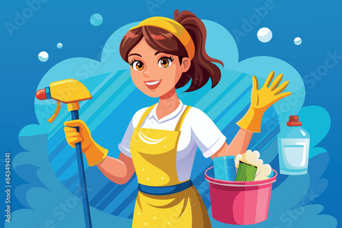 A girl in a belted apron holding a spray bottle and a rag. it symbolizes hygiene, cleanliness and housework.