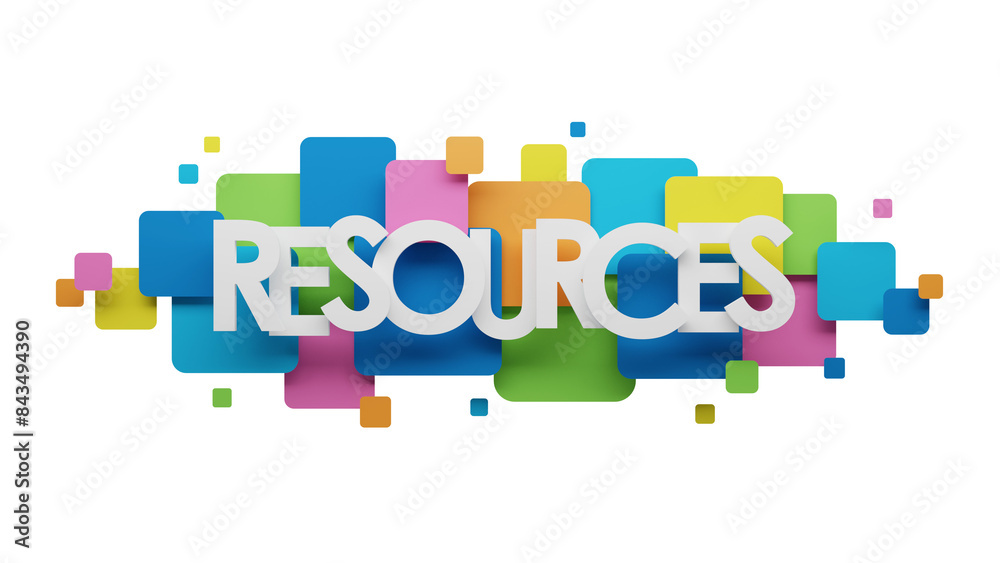 3D render of RESOURCES banner on colorful squares with transparent background 3D render of RESOURCES banner on colorful squares with transparent background