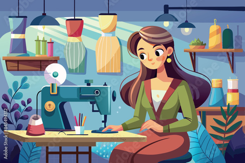 A seamstress is engaged in sewing on a machine. The furnishings are a creative workspace or workshop. Among them are fabrics, a mannequin, plant pots and shelves with additional materials.