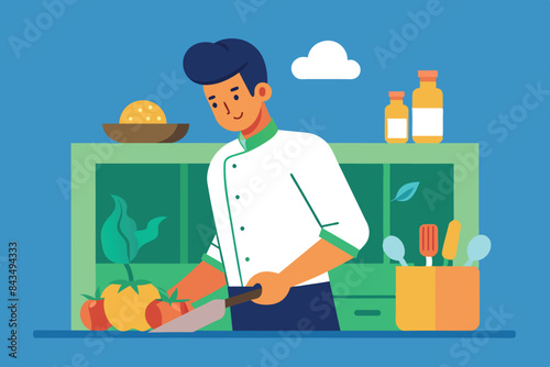 kitchen scene. A cook in an apron is standing at the table cutting vegetables. Fresh ingredients such as tomatoes, cucumbers and bell peppers are laid out on it. cooking theme.