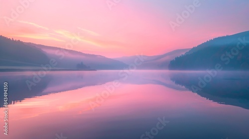Wallpaper Mural A calm lake reflecting the colors of a beautiful sunrise, creating a serene background with space above for text, Generative AI Torontodigital.ca