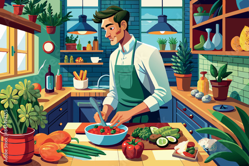  kitchen scene. A cook in an apron is standing at the table cutting vegetables. Fresh ingredients such as tomatoes, cucumbers and bell peppers are laid out on it. cooking theme.