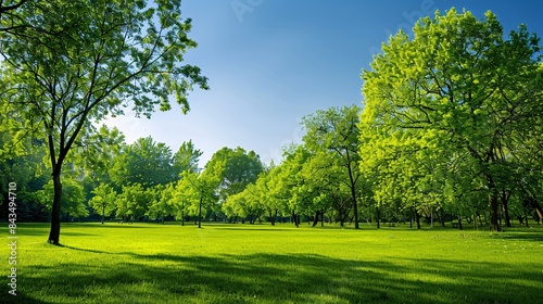 A peaceful park with lush green trees and a clear blue sky, offering a serene background for text placement, Generative AI