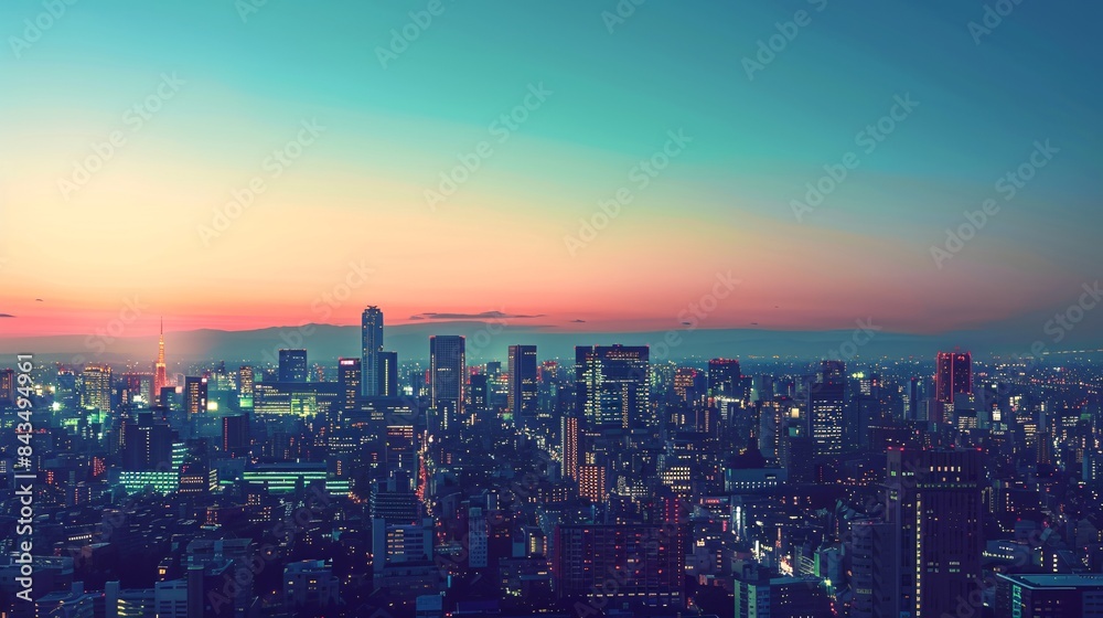 Fototapeta premium A serene city skyline at dusk, with colorful lights illuminating the buildings and space for text above, Generative AI