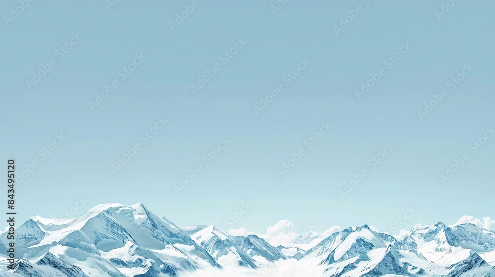 Fototapeta premium A serene mountain landscape with snowy peaks and a clear blue sky, providing a spacious background for text placement, Generative AI
