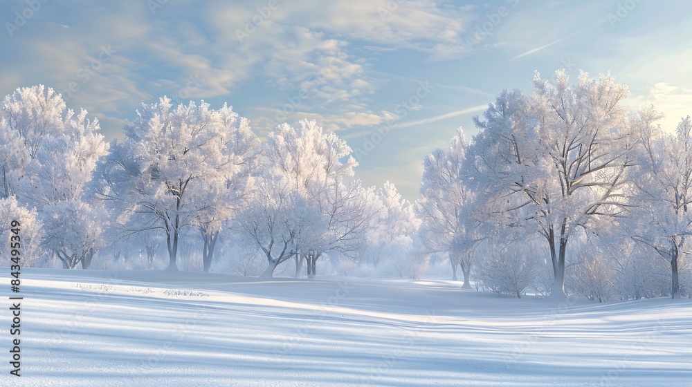 Obraz premium A serene winter landscape with snow-covered trees and a soft blue sky, providing a serene background for text placement, Generative AI