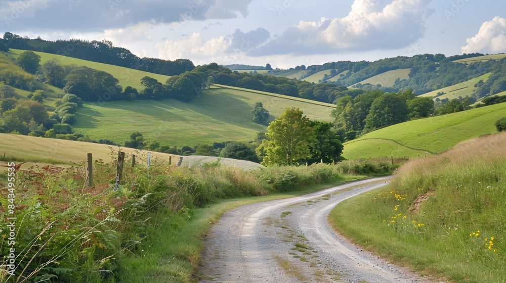 A tranquil countryside scene with a winding country road and rolling hills, providing a serene background with space for text above, Generative AI A tranquil countryside scene with a winding country road and rolling hills, providing a serene background with space for text above, Generative AI