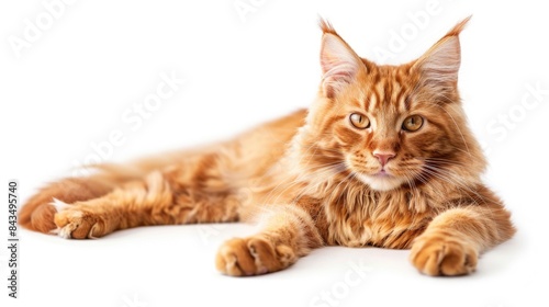 Maine Coon Cat with Ginger Red Fur on a White Background