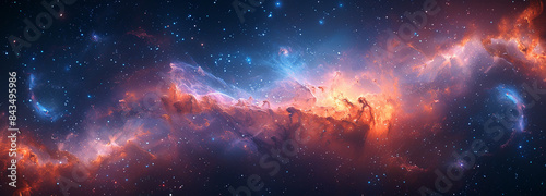 Digital artwork depicting vibrant cosmic landscape filled with swirling nebulae and scattered stars. Background panorama