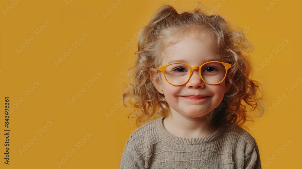 Happy and playful little curly blond girl with big eyeglasses on yellow background