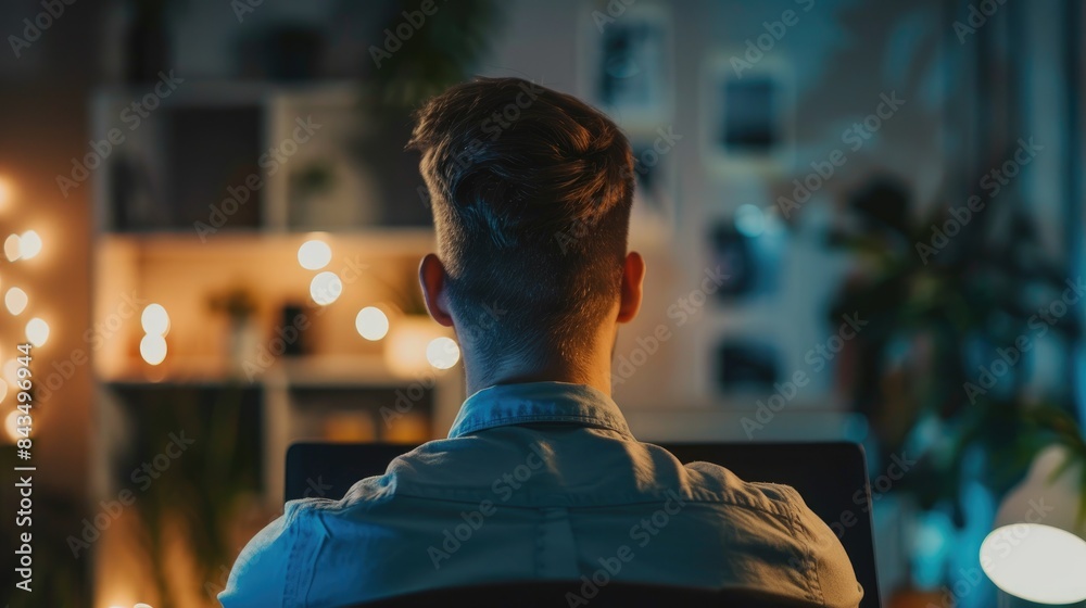 Young male entrepreneur experiencing neck discomfort in office during the evening seen from behind Young male entrepreneur experiencing neck discomfort in office during the evening seen from behind