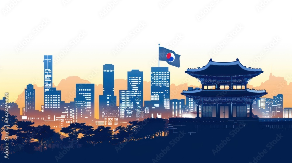 Obraz premium Korea skyline vector silhouette isolated cityscape panoramic architecture area,
