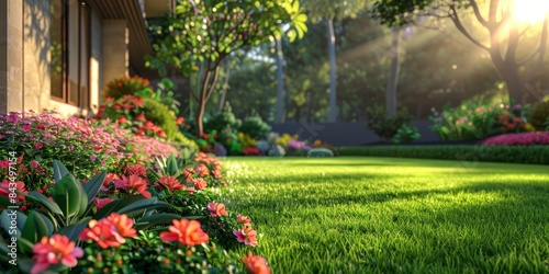 Bright sunlight over a lush green lawn with flowering plants at a country house, neatly trimmed lawn