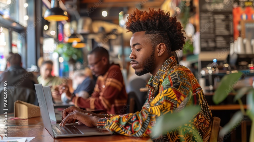Black man uses laptop to work in coffee shop Black man uses laptop to work in coffee shop