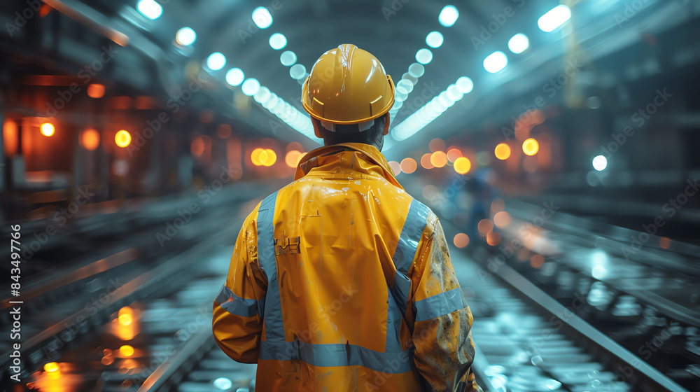 A lone construction worker stands on a railway track, looking out at the lights of the city in the distance. A lone construction worker stands on a railway track, looking out at the lights of the city in the distance.