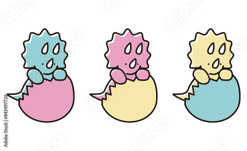 卵から覗くベビートリケラトプスのイラストセット