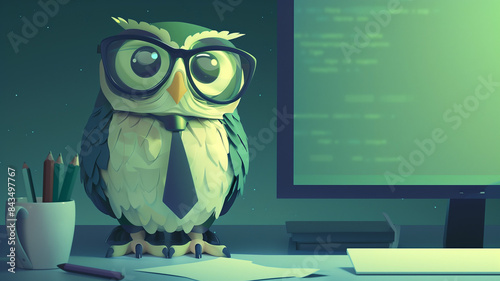 A cute owl wearing glasses and a tie sitting at a desk using a computer, representing an intelligent assistant. Business concept. AI generated.


 photo