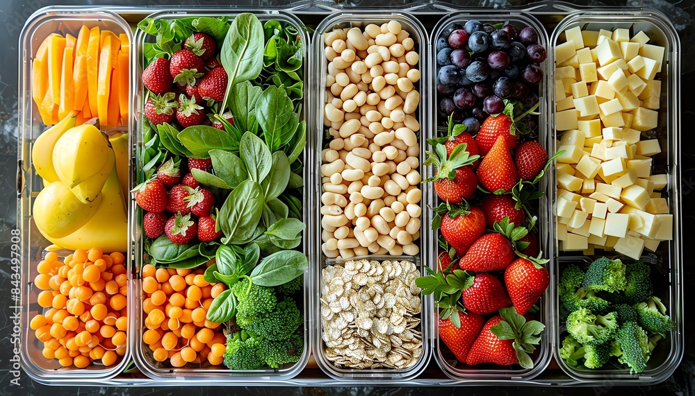 A variety of healthy snacks are available, including fruits, vegetables, and whole grains