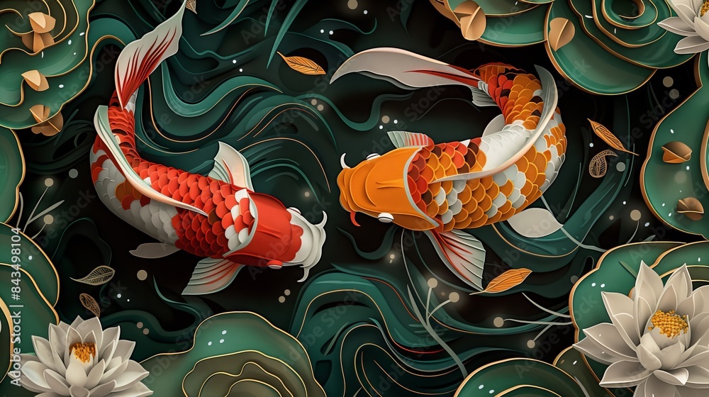 Fototapeta premium Two koi fish swim in the water, in the style of papercut art, a surrealistic illustration with a dark background and a fantasy whimsy sense. The surreal scene creates a three-dimensional sense of