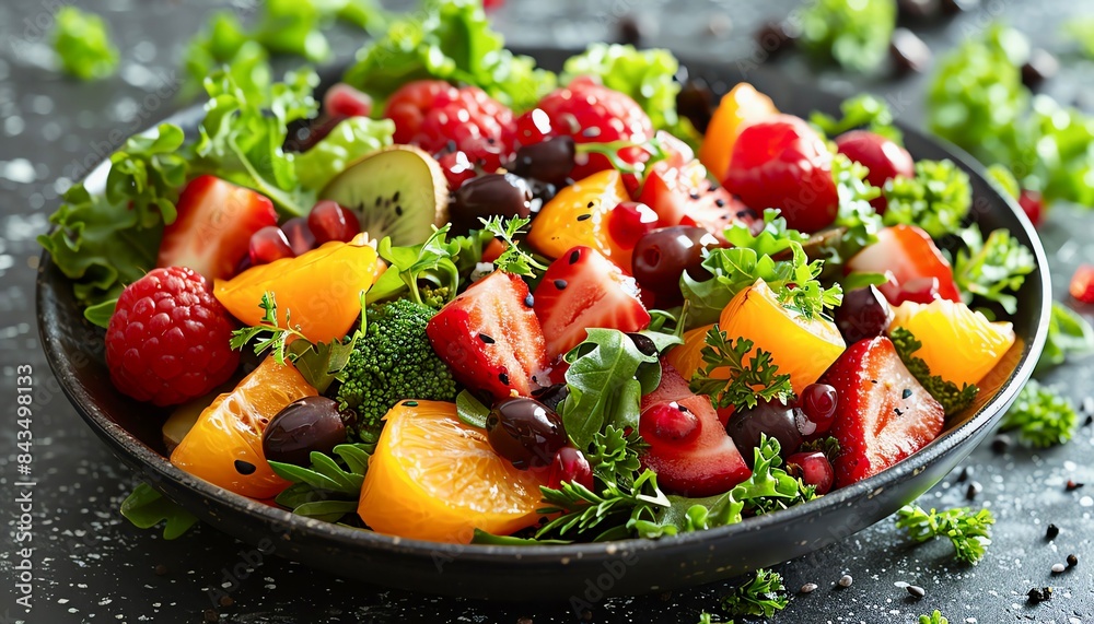 A beautiful and delicious fruit salad made with fresh strawberries, blueberries, raspberries, blackberries, and oranges. The salad is topped with a light and refreshing dressing.