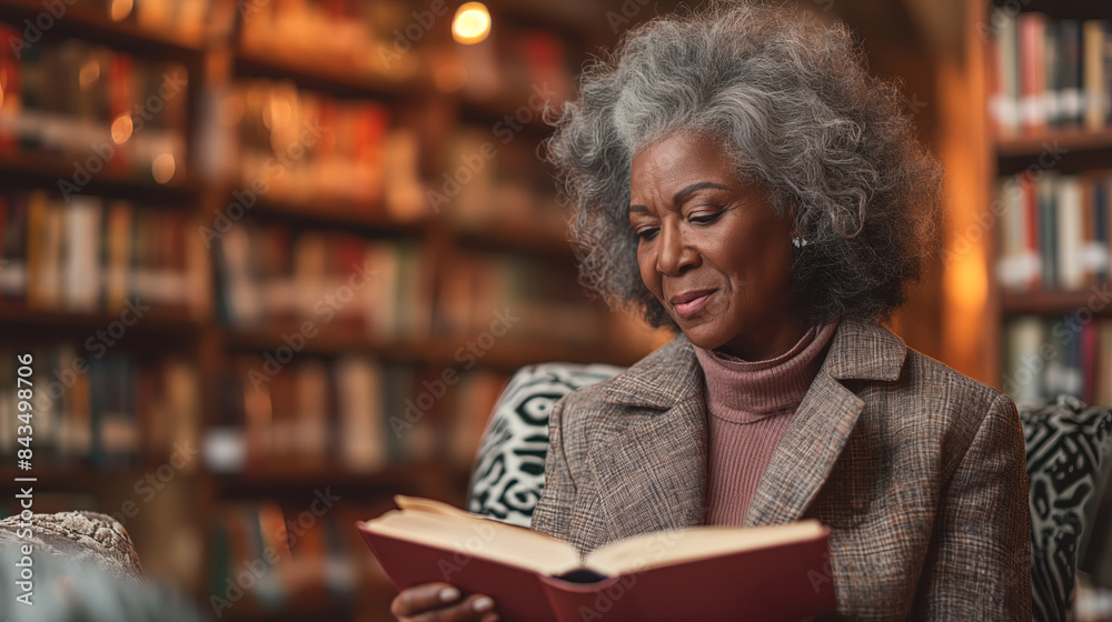 Serene Senior Woman Enjoying a Book in Cozy Library Setting Serene Senior Woman Enjoying a Book in Cozy Library Setting