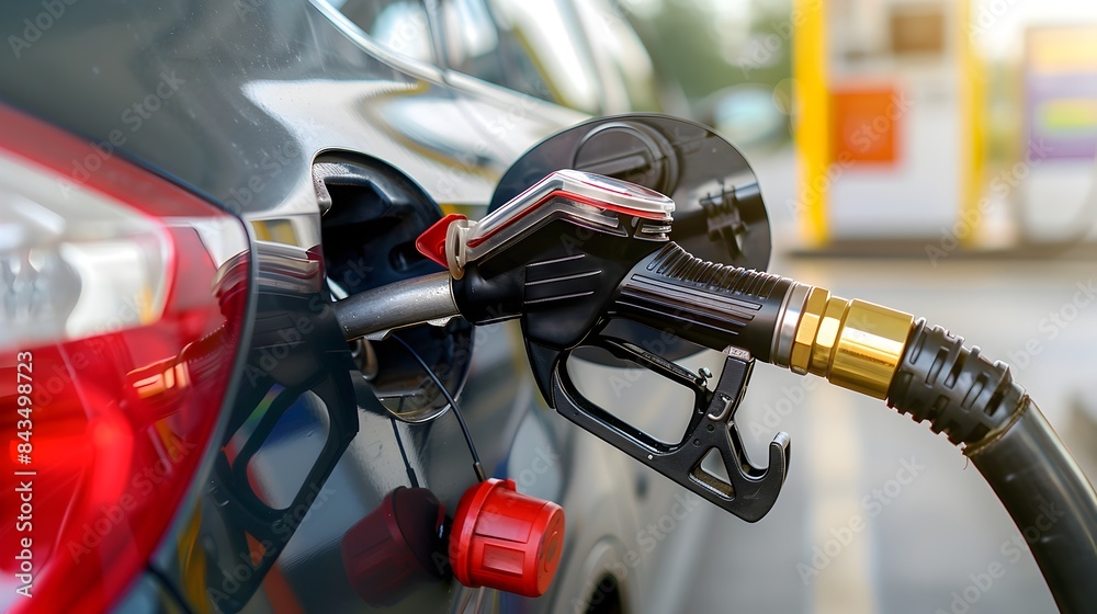 Close-up of Fuel Nozzle Inserted Into a Car's Gas Tank with Visible Details Close-up of Fuel Nozzle Inserted Into a Car's Gas Tank with Visible Details