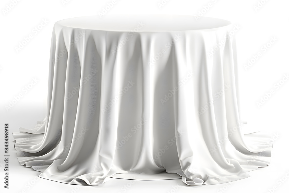 Round Table with white tablecloth isolated on white background Round Table with white tablecloth isolated on white background