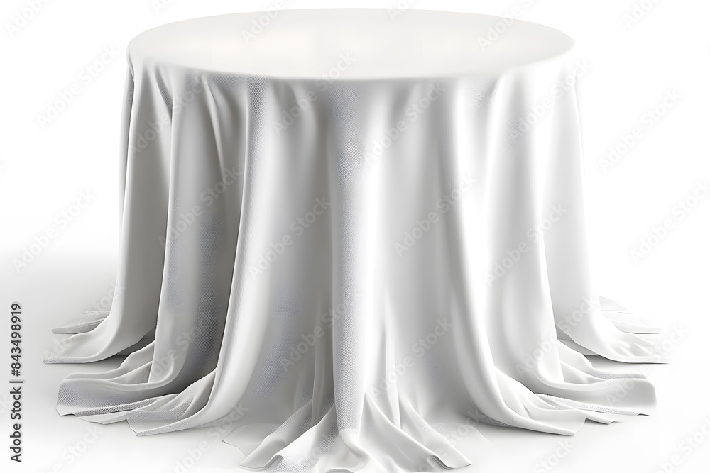 Round Table with white tablecloth isolated on white background Round Table with white tablecloth isolated on white background