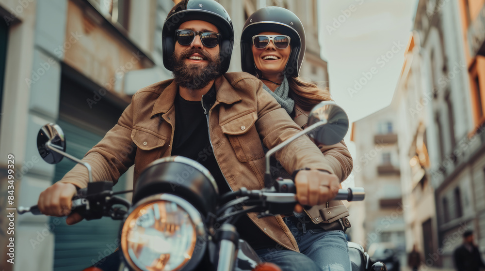 A bearded man and a smiling woman ride a motorcycle through a city street, their carefree joy beautifully captured in the warm afternoon light. A bearded man and a smiling woman ride a motorcycle through a city street, their carefree joy beautifully captured in the warm afternoon light.