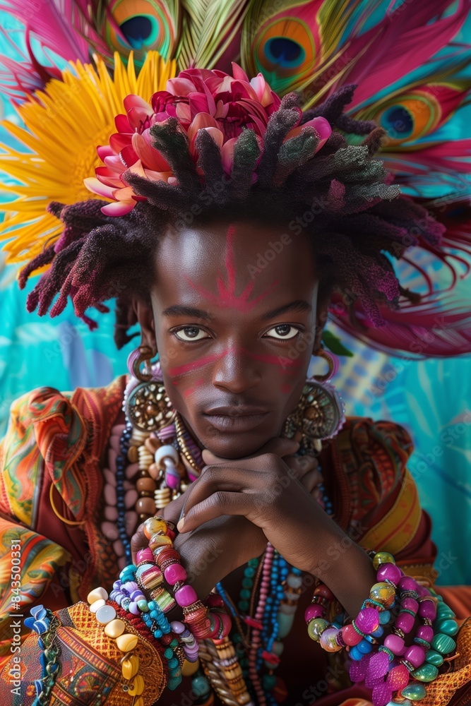 Vibrant Portrait of Black Man with Glitter Makeup and Flowers, Creative Expression Vibrant Portrait of Black Man with Glitter Makeup and Flowers, Creative Expression